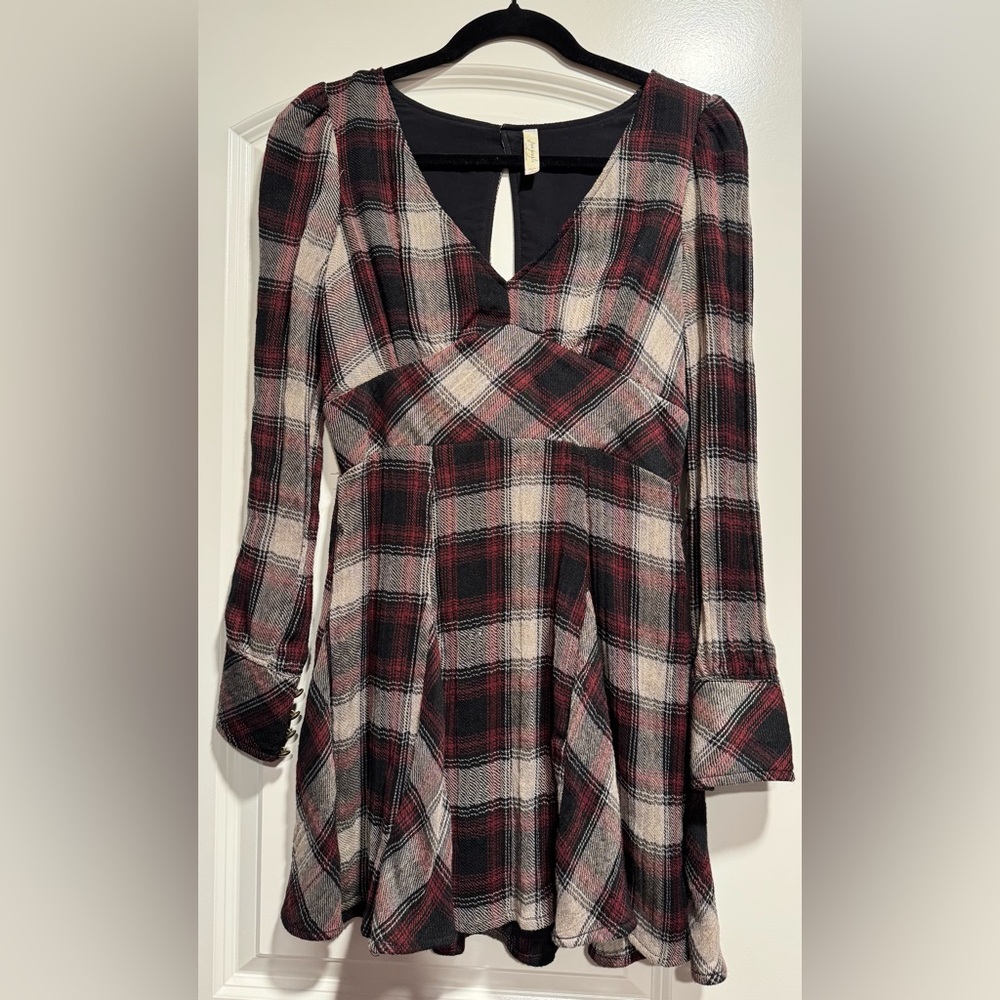 Free People Black and Red Plaid V-Neck Blouse